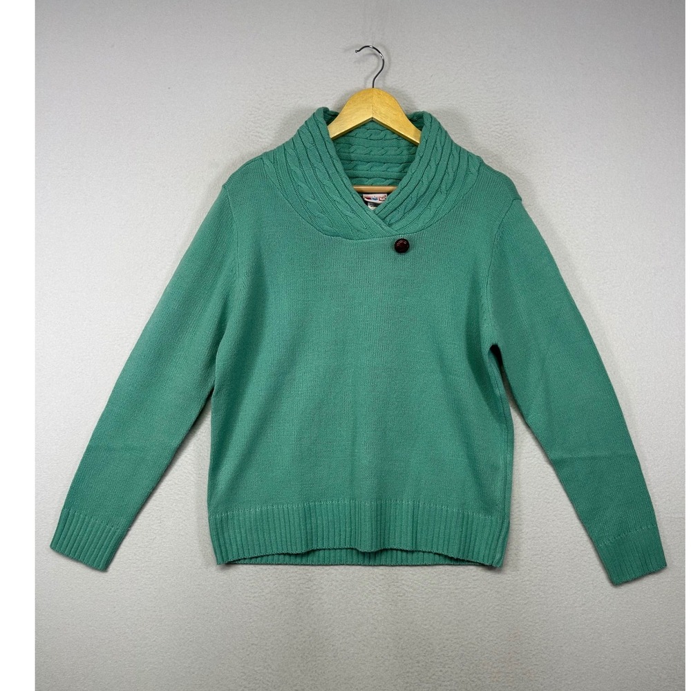 Preppy American Sweetheart Women L Teal Shawl‎ Collar Cable Knit Button Sweater